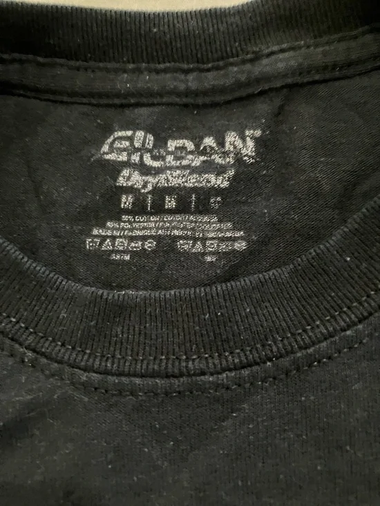 Gildan Black Crewneck Graphic Tee with White Printed Tag - Picture 2 of 3